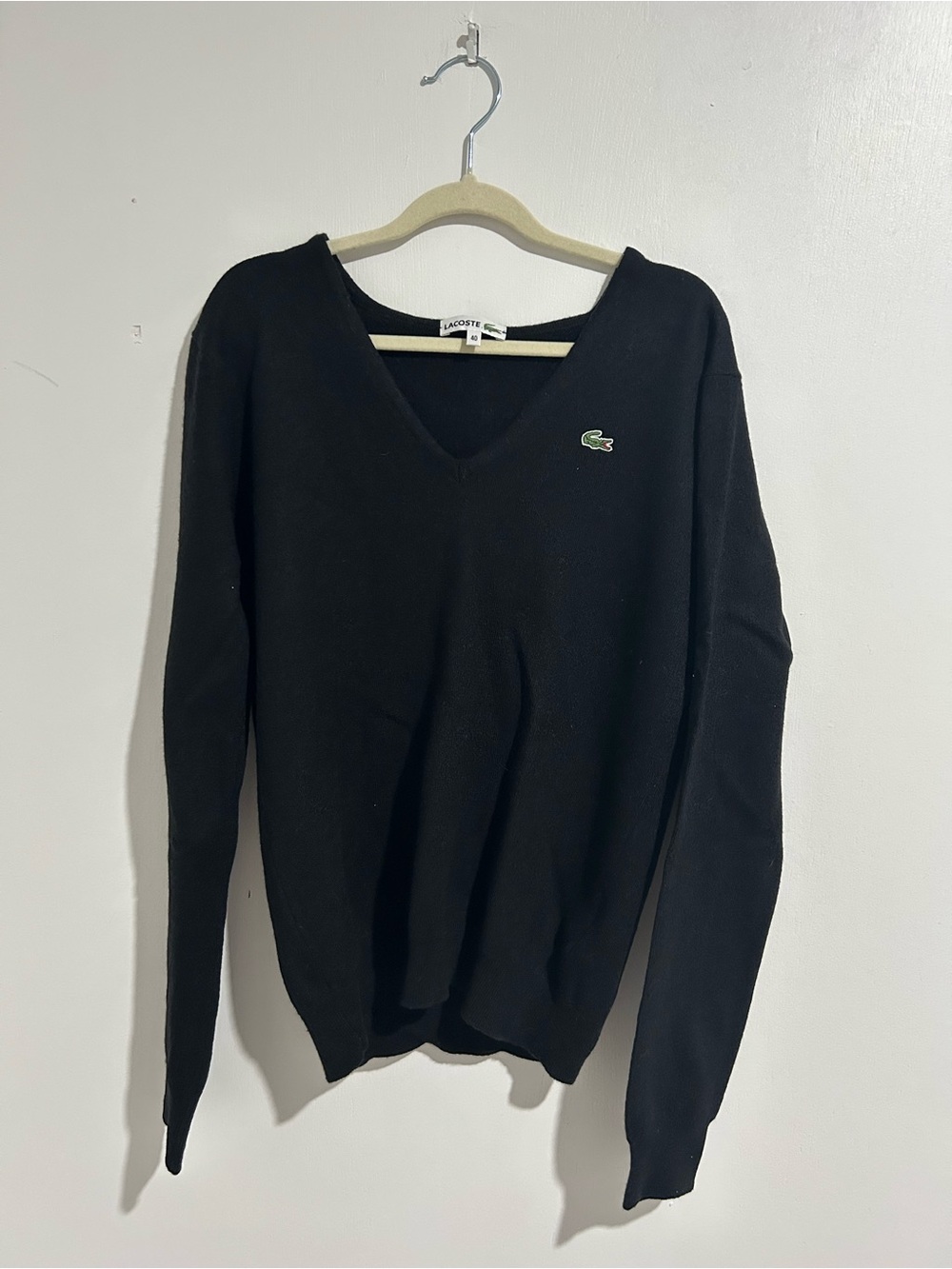 LACOSTE Black V-Neck Sweater 100% Pure New Wool Size 40